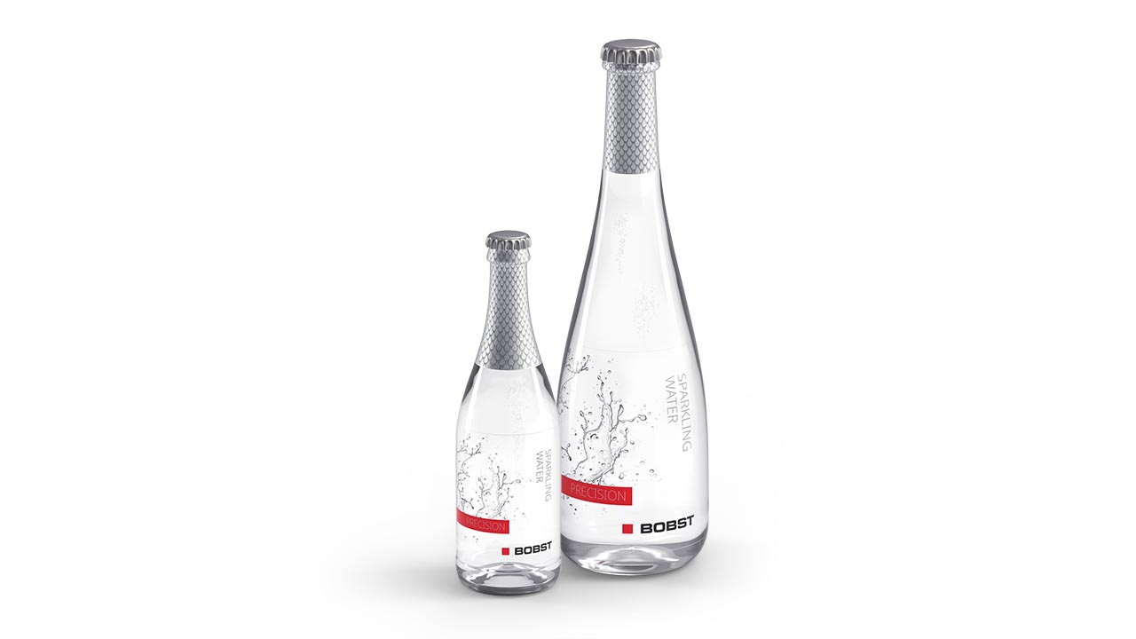 Beverages, Water, Glass Bottles Small and Large, Label. Demo Packaging Gallery